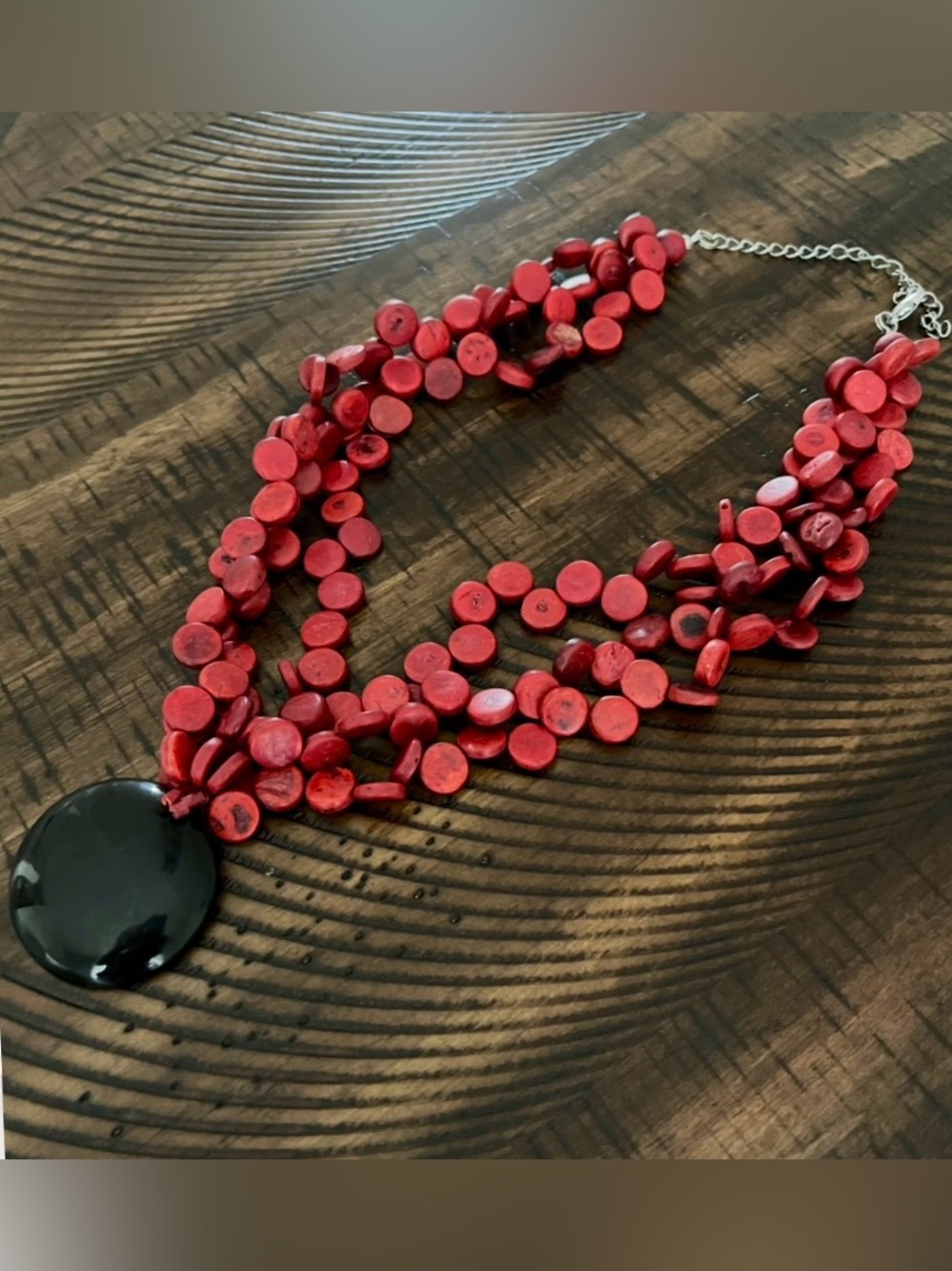 Vintage 1970’s Red Coconut Wood Multi-strand Necklace With Large Round Pendant